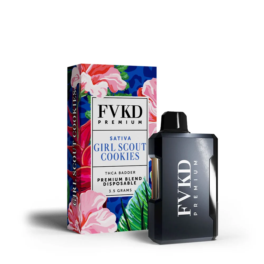 FVKD premium THC-A badder disposable in girl scout cookies sativa, 3.5g pink box