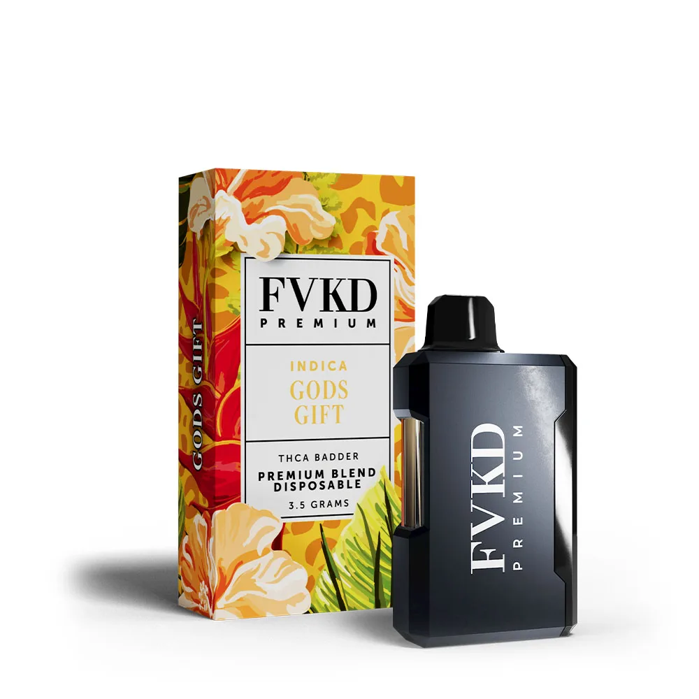 FVKD premium THC-A badder disposable in gods gift indica, 3.5g yellow floral box