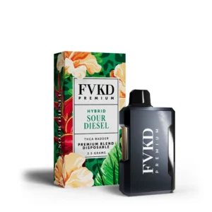 FVKD premium THC-A badder disposable in sour diesel hybrid, 3.5g green floral box