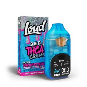 Loud THC-A creme disposable in grapefruit purple push pop, 3.5g blue device with box