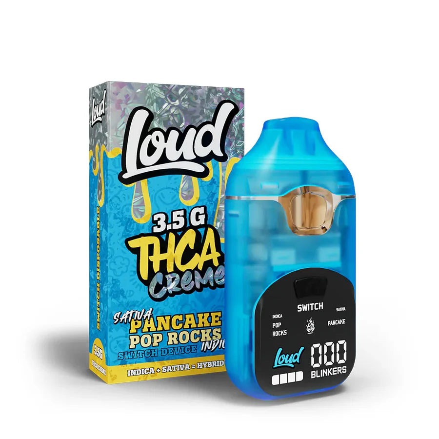 Loud THC-A creme disposable in pancake pop rocks, 3.5g blue device with box