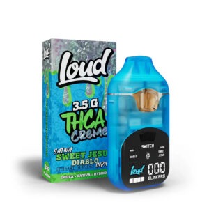Loud THC-A creme disposable in sweet jesus diablo, 3.5g blue device with box