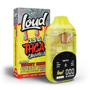 Loud THC-A crumble dual flavor disposable, 3.5g, cherry kush box with yellow vape device
