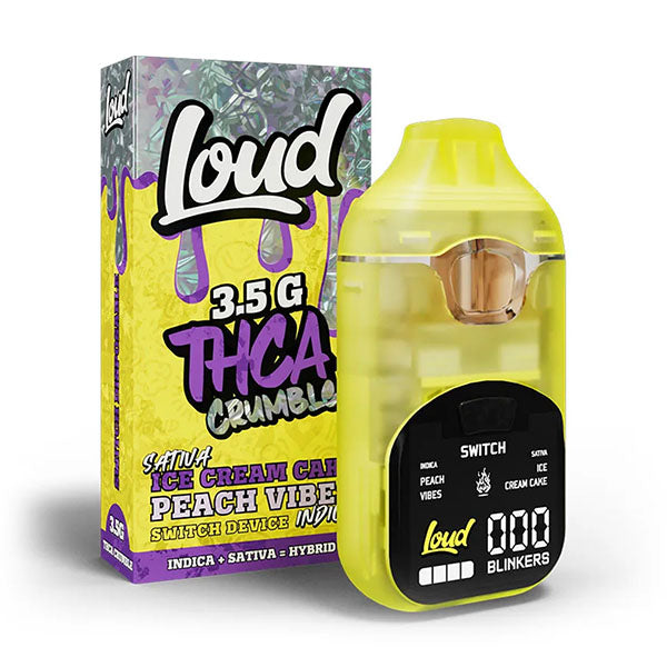 Loud THC-A crumble disposable in ice cream cake peach vibes, 3.5g with yellow device