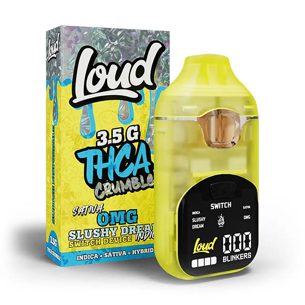 Loud THC-A crumble disposable in OMG slushy dream flavor, 3.5g blue box with device