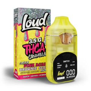 Loud THC-A crumble disposable in pink acai brownie scout, 3.5g pink box with device