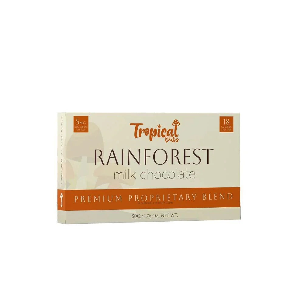 Tropical Bliss rainforest milk chocolate mushroom bar, 5000mg in cream wrapper