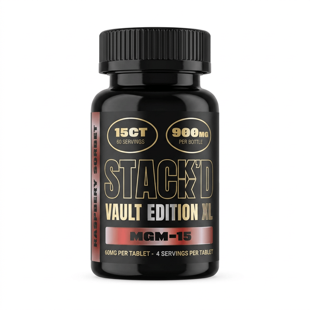Stack'd MGM-15 Vault Edition XL tablets, 900mg black bottle, front label view