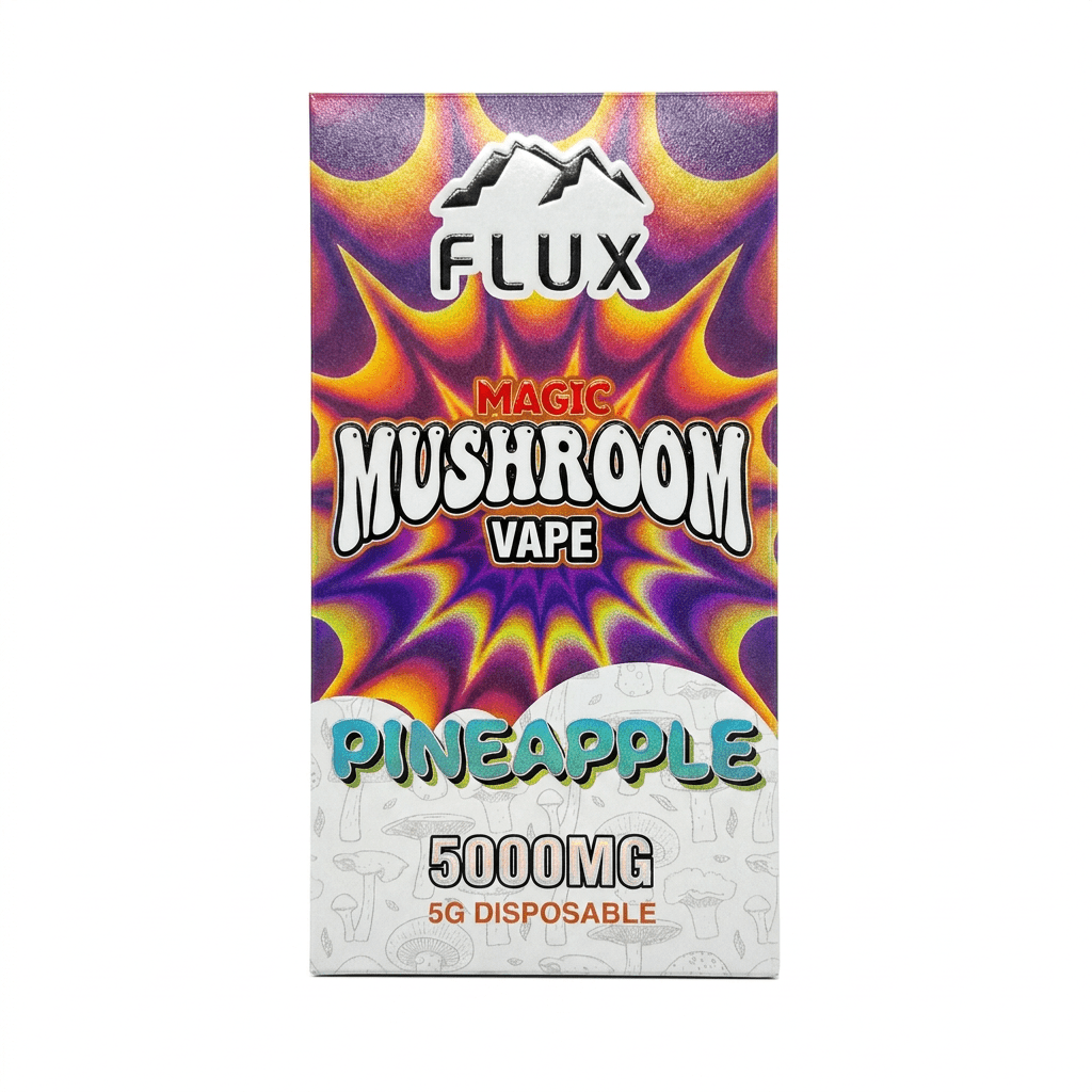 Flux magic mushroom vape disposable in pineapple, purple starburst 5000mg box