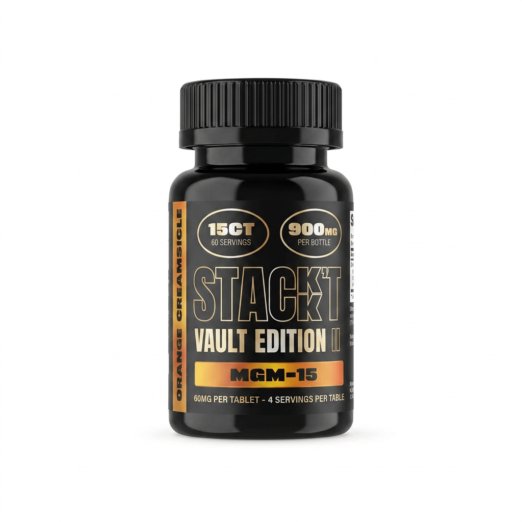 Stack'd MGM-15 Vault Edition XL tablets, 900mg black bottle with gold lettering