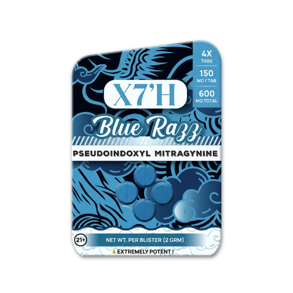 X7'H pseudoindoxyl mitragynine tablets in blue razz flavor, 600mg box with 4 tablets