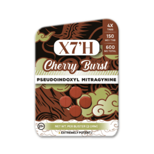 X7'H pseudoindoxyl mitragynine tablets in cherry burst flavor, 600mg 4-count box