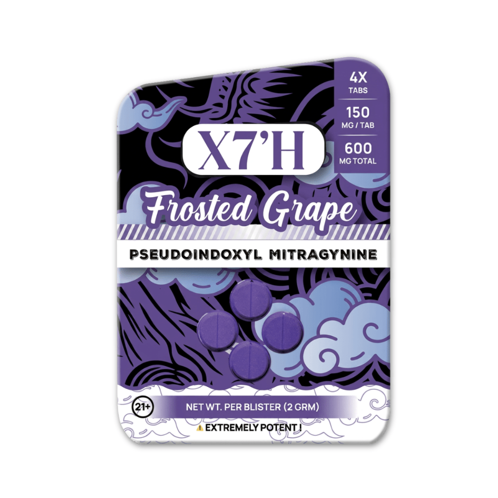 X7'H pseudoindoxyl mitragynine tablets in frosted grape flavor, 600mg purple box