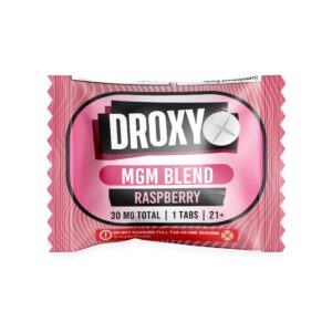 Droxy MGM blend single 30mg tablet in raspberry, pink single-serve pouch