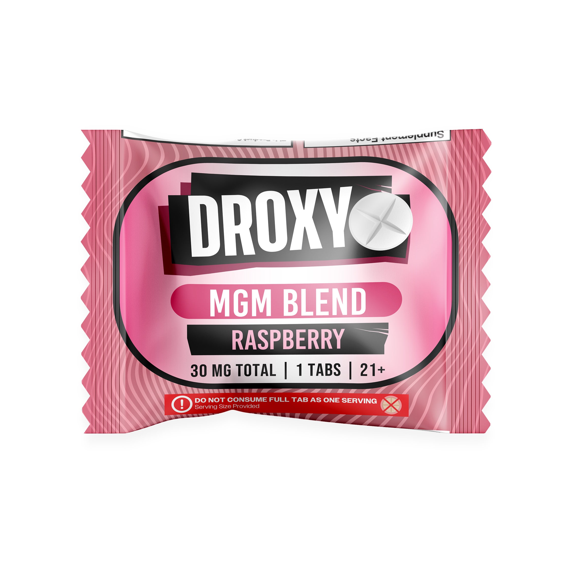 Droxy MGM blend single 30mg tablet in raspberry, pink single-serve pouch