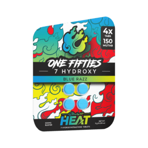 Straight Heat One-Fifties 7-OH tablets in blue razz, 150mg each, red 4-count pack
