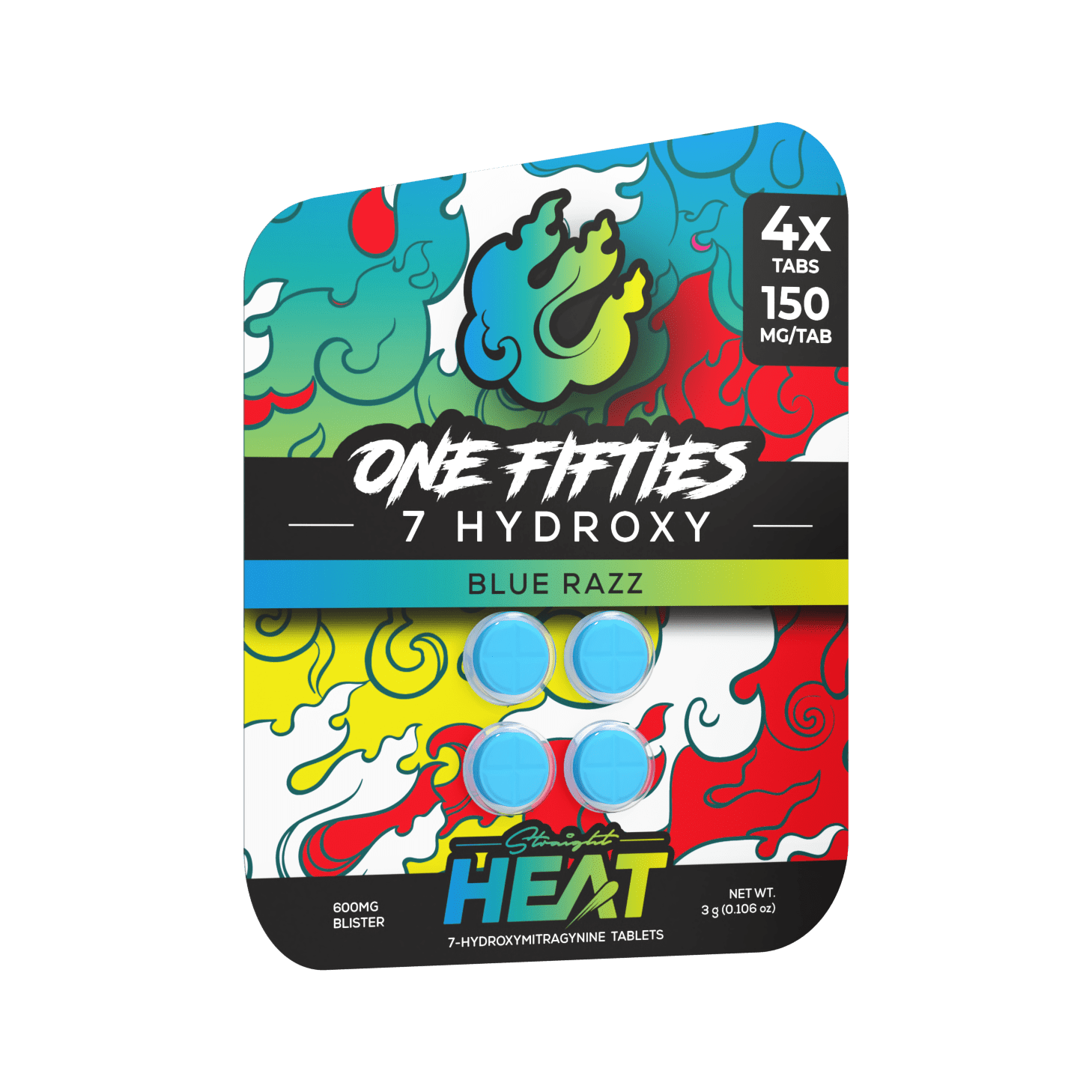 Straight Heat One-Fifties 7-OH tablets in blue razz, 150mg each, red 4-count pack