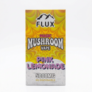 Flux magic mushroom vape disposable in pink lemonade, yellow 5000mg box