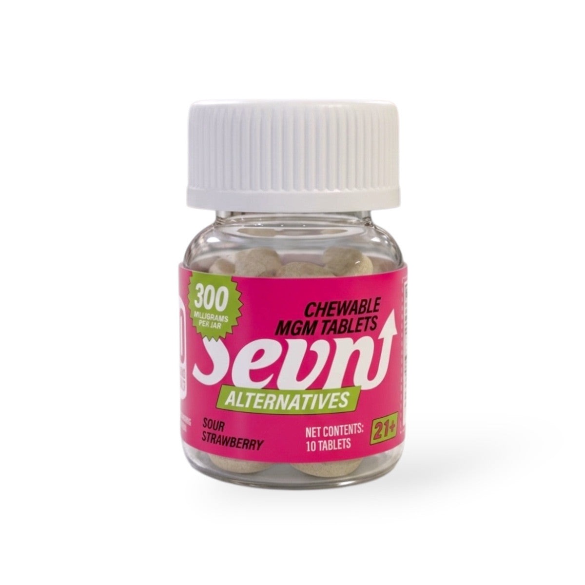 Sevn MGM tablets in sour strawberry, 30mg per tablet, 300mg white bottle, 10-count