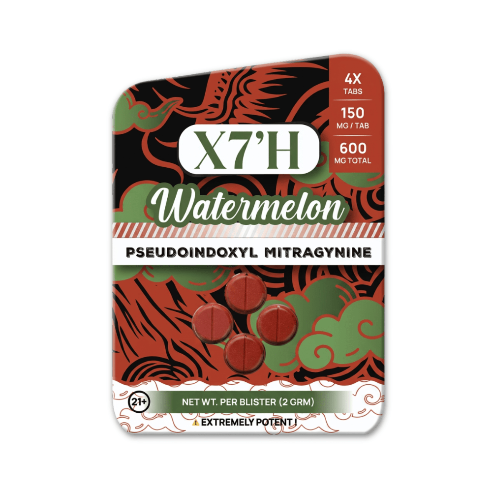 X7'H pseudoindoxyl mitragynine tablets in watermelon flavor, 600mg red and green box