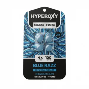 Hyperoxy MGM-15 and pseudo chewable tablets in blue razz, 400mg black 4-count card