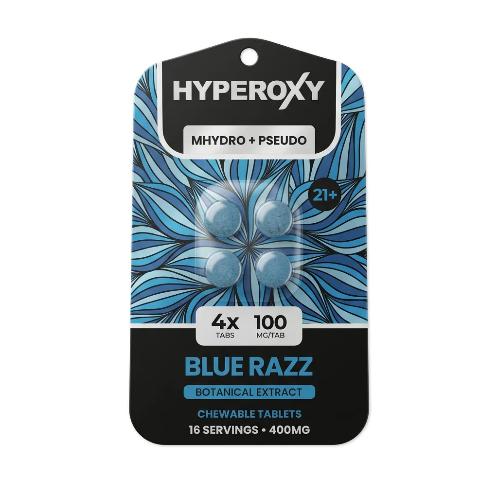 Hyperoxy MGM-15 and pseudo chewable tablets in blue razz, 400mg black 4-count card
