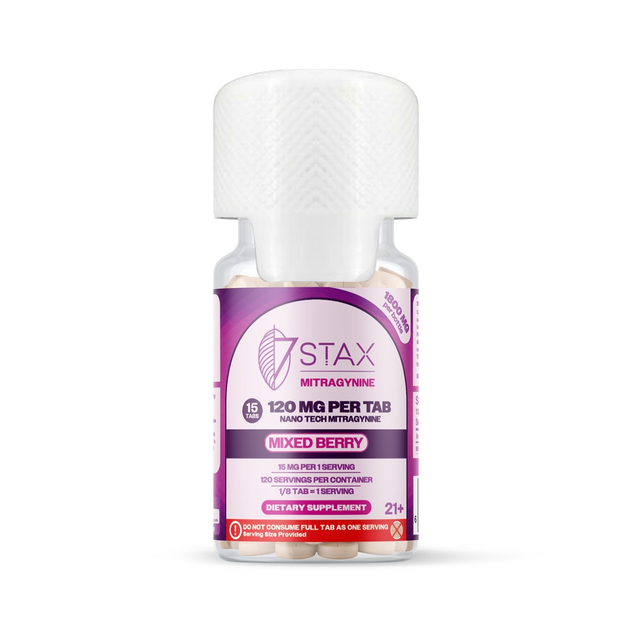 7Stax Nano Tech mitragynine tablets in mixed berry, 1800mg 15-count card, front view