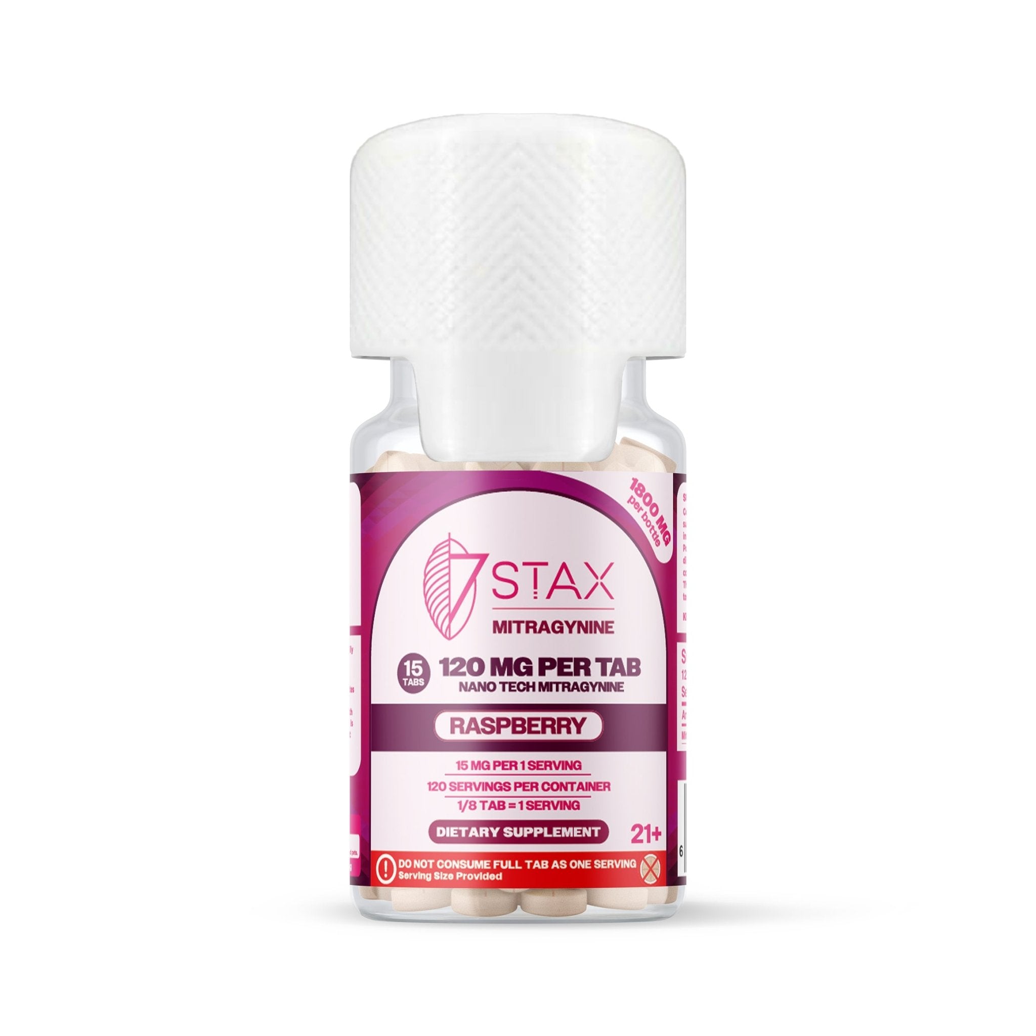 7Stax Nano Tech mitragynine tablets in raspberry, 1800mg 15-count card, front view