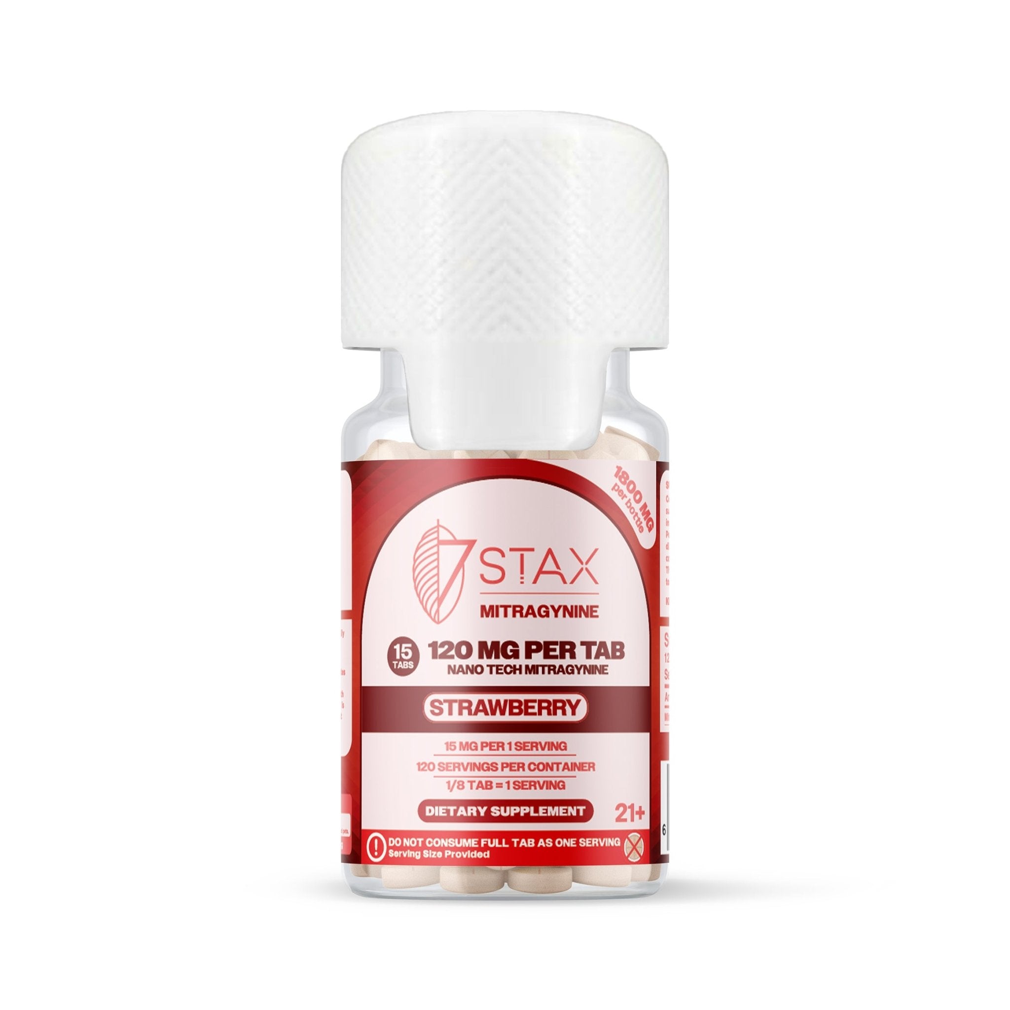 7Stax Nano Tech mitragynine tablets in strawberry, 1800mg 15-count card, front view