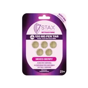 7Stax Nano Tech mitragynine tablets in mixed berry, 600mg 5-count card, front view