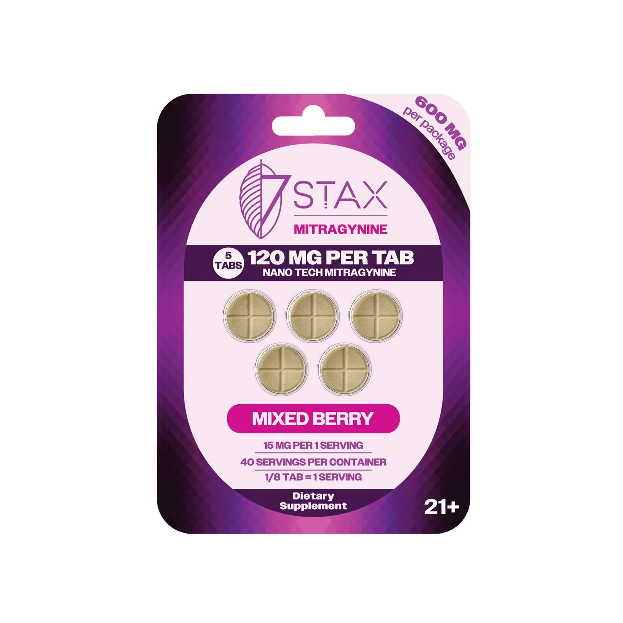 7Stax Nano Tech mitragynine tablets in mixed berry, 600mg 5-count card, front view