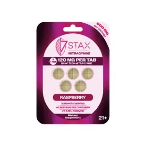 7Stax Nano Tech mitragynine tablets in raspberry, 600mg 5-count card, front view