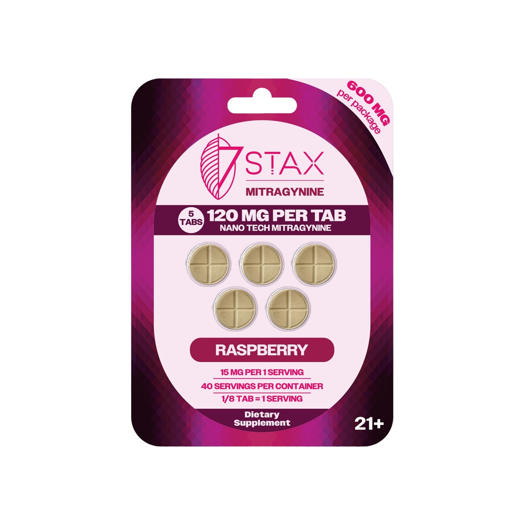 7Stax Nano Tech mitragynine tablets in raspberry, 600mg 5-count card, front view