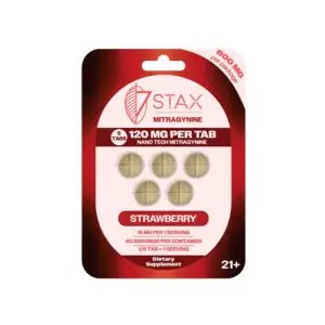 7Stax Nano Tech mitragynine tablets in strawberry, 600mg 5-count card, front view