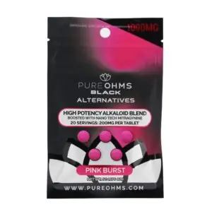PureOhms Black Alternatives MIT and MGM chewable tablets in pink burst, 200mg each