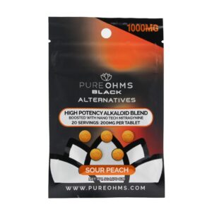 PureOhms Black alternatives MIT and MGM tablets in sour peach, 200mg per tablet, black pouch