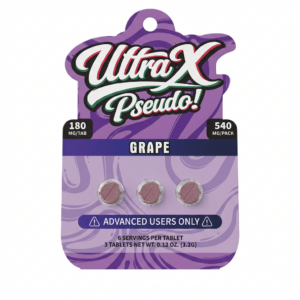 UltraX Pseudo tablets in grape, 540mg purple hang-tag card with three tablets shown