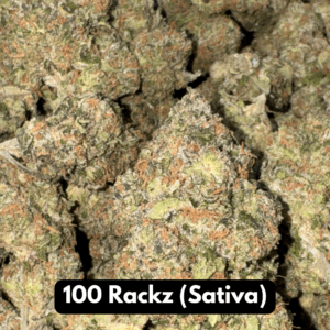 Bulk pile of 100 Rackz sativa THCA flower buds in close-up macro detail