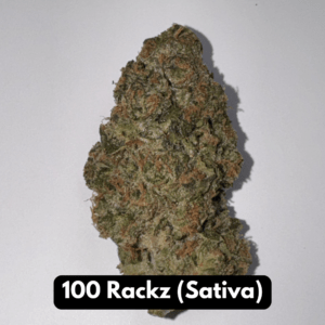 Single 100 Rackz sativa THCA flower bud upright with orange pistils on gray backdrop