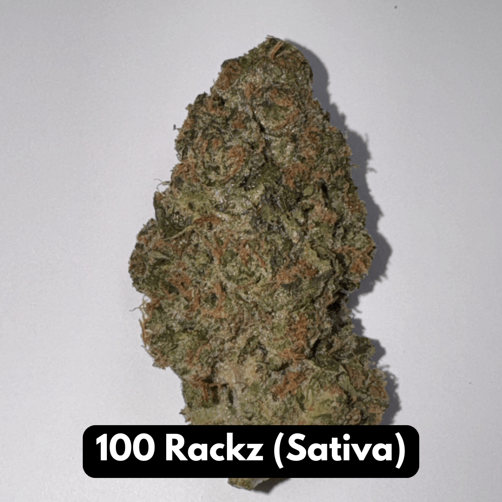 Single 100 Rackz sativa THCA flower bud upright with orange pistils on gray backdrop