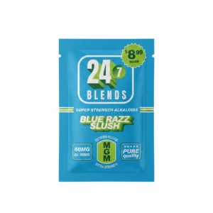 24/7 Blends MGM chewable tablets in blue razz slush, 60mg blue 2-count foil pouch
