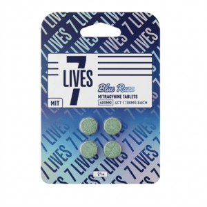 7Lives MIT mitragynine tablets in blue razz, 400mg blister pack of 4 tablets