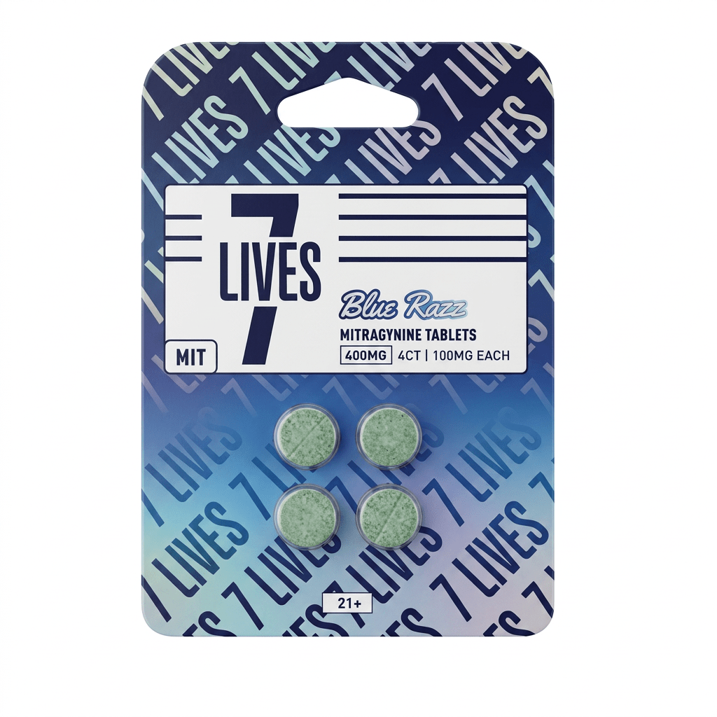 7Lives MIT mitragynine tablets in blue razz, 400mg blister pack of 4 tablets