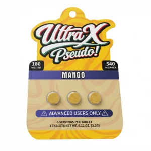 UltraX Pseudo tablets in mango, 540mg yellow hang-tag card with three tablets shown