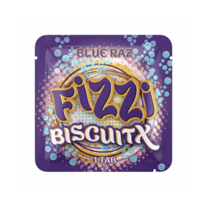Fizzi Biscuitx mushroom tablet in blue raz flavor, purple single-tab package