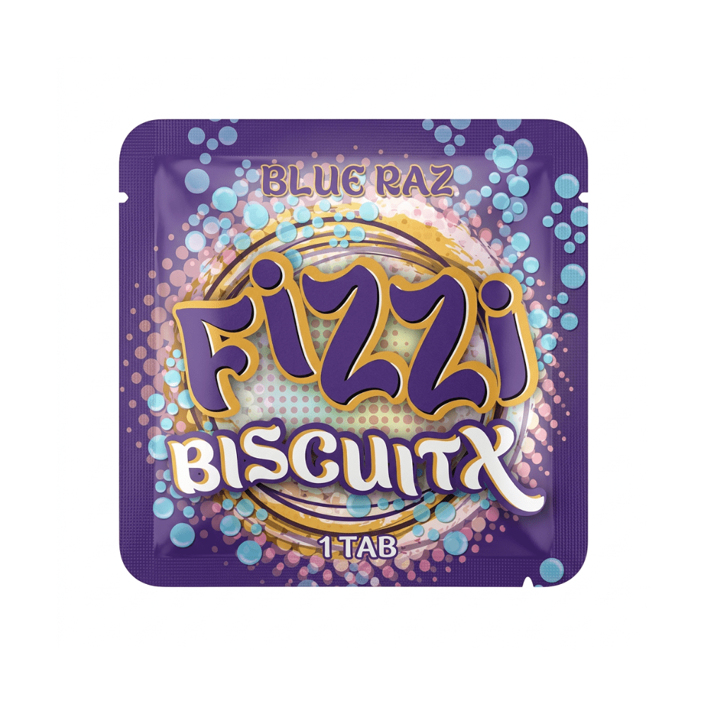 Fizzi Biscuitx mushroom tablet in blue raz flavor, purple single-tab package