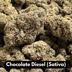 Bulk pile of Chocolate Diesel sativa THCA flower buds in macro close-up