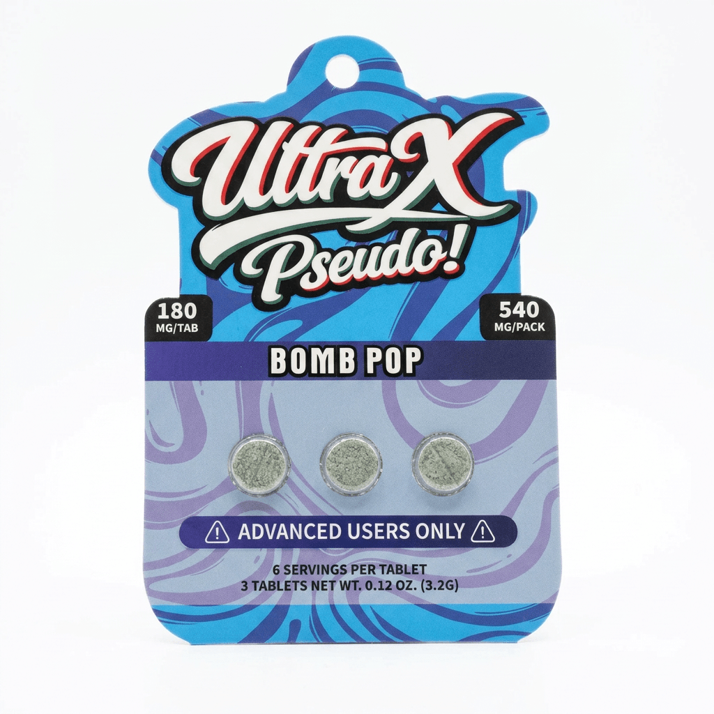 UltraX Pseudo tablets in bomb pop, 540mg blue hang-tag card with three tablets shown