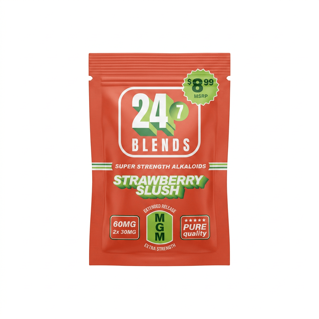 24/7 Blends MGM chewable tablets in strawberry slush, 60mg red 2-count foil pouch