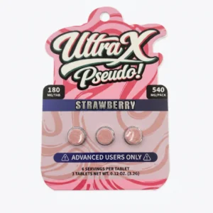 UltraX Pseudo tablets in strawberry, 540mg pink hang-tag card with three tablets